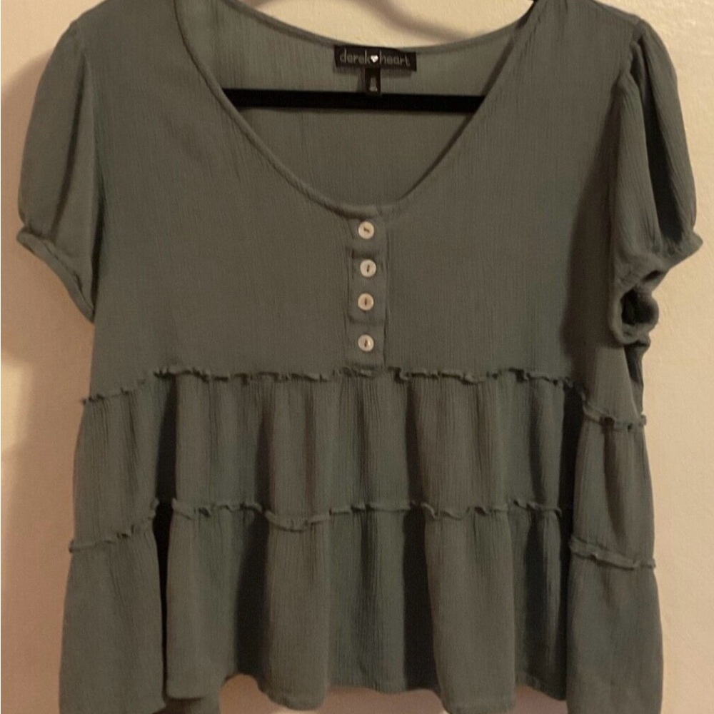Derek Heart Olive Button-Up Ruffle Blouse